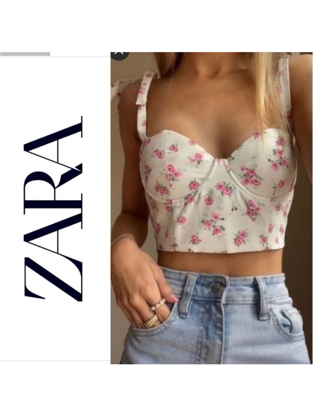 Zara Bustier Crop Top Smocked Floral White Pink Size S Coquette Cottagecore - Picture 1 of 10